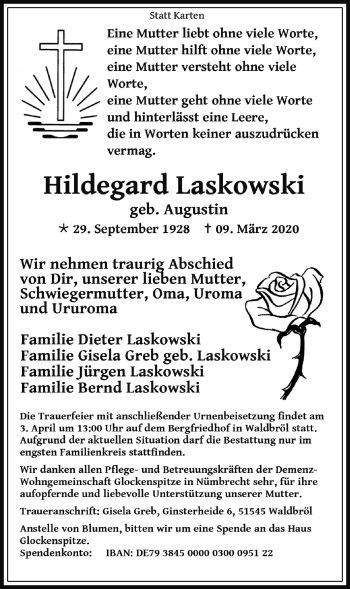 Anzeige von Hildegard Laskowski von  Lokalanzeiger 