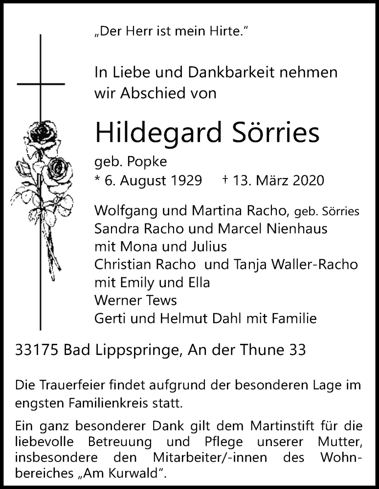  Traueranzeige für Hildegard Sörries vom 25.03.2020 aus Kölner Stadt-Anzeiger / Kölnische Rundschau / Express