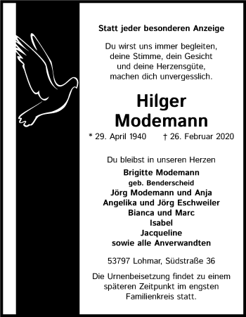 Anzeige von Hilger Modemann von Kölner Stadt-Anzeiger / Kölnische Rundschau / Express
