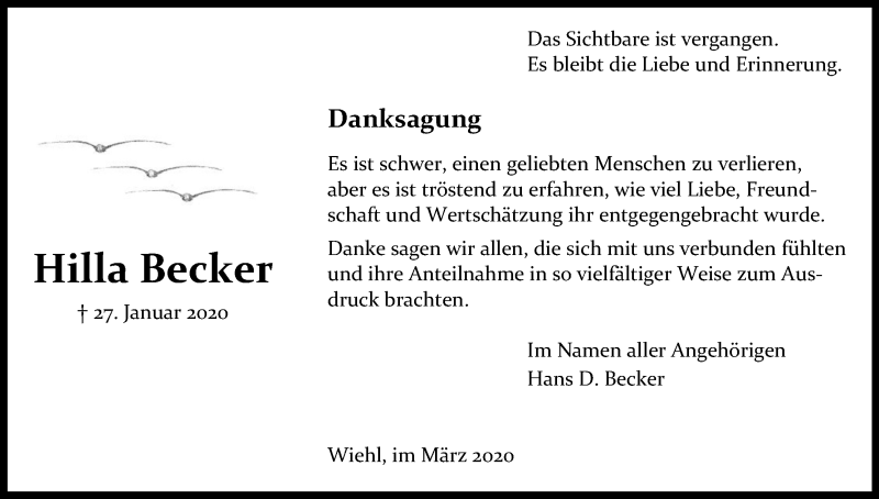  Traueranzeige für Hilla Becker vom 14.03.2020 aus Zeitungsgruppe Köln