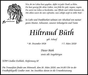 Anzeige von Hiltraud Büth von Zeitungsgruppe Köln