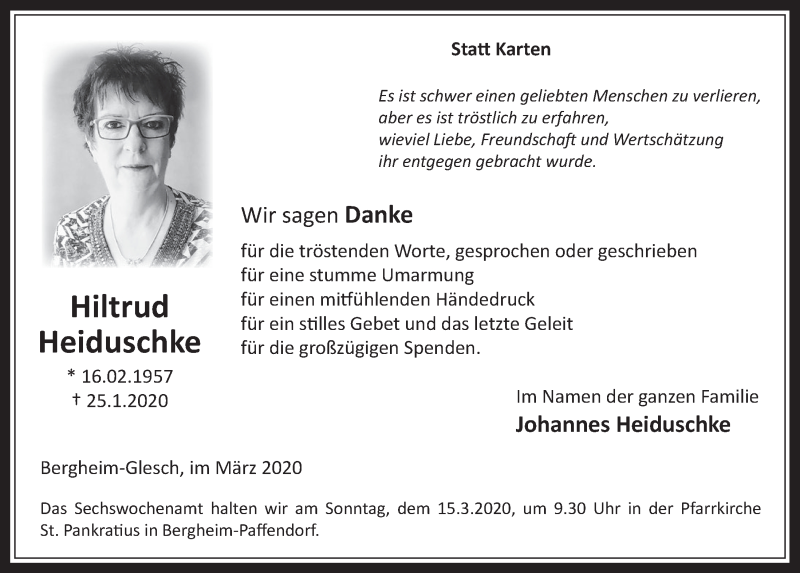  Traueranzeige für Hiltrud Heiduschke vom 11.03.2020 aus  Werbepost 