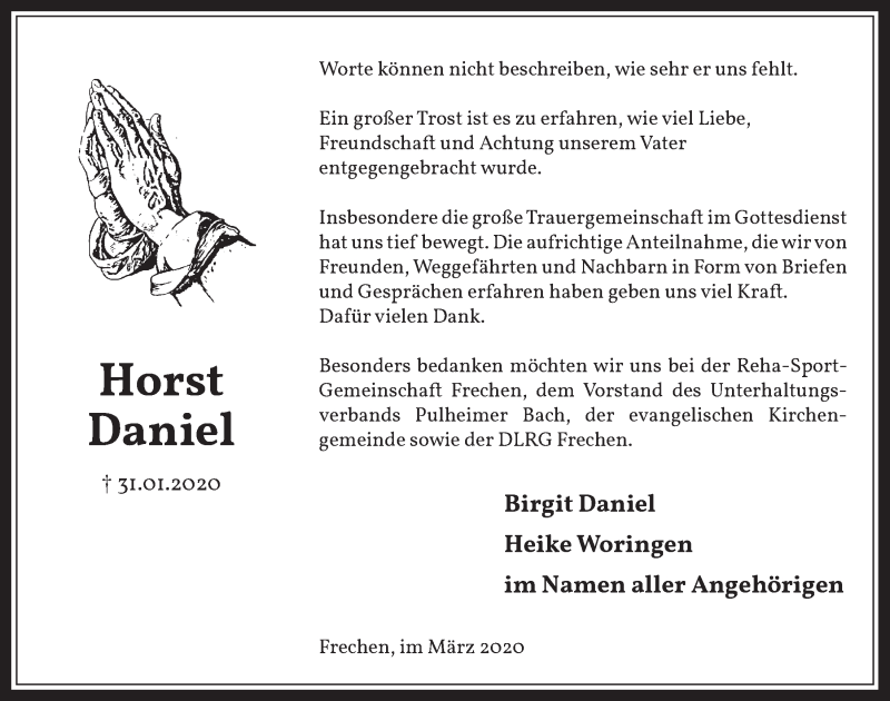  Traueranzeige für Horst Daniel vom 04.03.2020 aus  Wochenende 