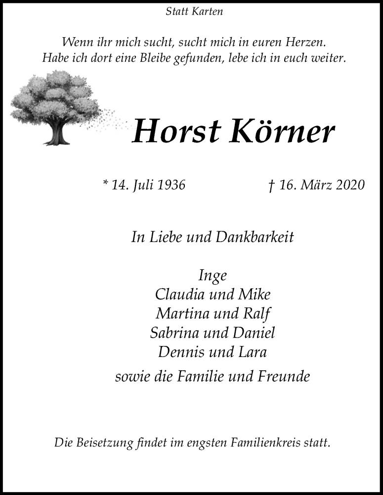  Traueranzeige für Horst Körner vom 28.03.2020 aus Kölner Stadt-Anzeiger / Kölnische Rundschau / Express