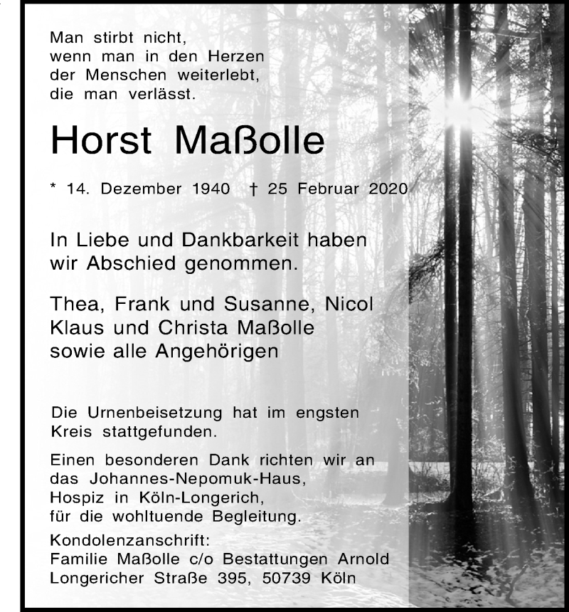  Traueranzeige für Horst Maßolle vom 14.03.2020 aus Zeitungsgruppe Köln