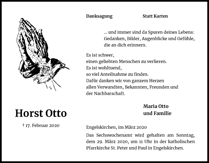  Traueranzeige für Horst Otto vom 21.03.2020 aus Kölner Stadt-Anzeiger / Kölnische Rundschau / Express