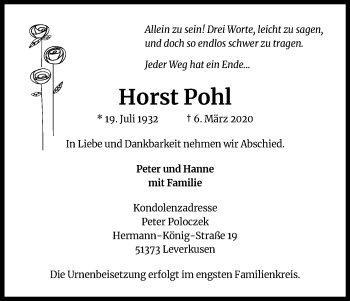 Anzeige von Horst Pohl von Zeitungsgruppe Köln