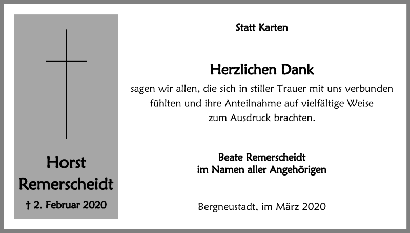  Traueranzeige für Horst Remerscheidt vom 14.03.2020 aus Zeitungsgruppe Köln