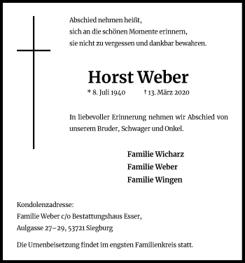 Anzeige von Horst Weber von Kölner Stadt-Anzeiger / Kölnische Rundschau / Express
