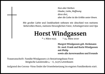 Anzeige von Horst Windgassen von Kölner Stadt-Anzeiger / Kölnische Rundschau / Express