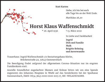 Anzeige von Horst Klaus Waffenschmidt von Kölner Stadt-Anzeiger / Kölnische Rundschau / Express