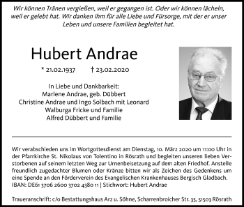 Anzeige von Hubert Andrae von Kölner Stadt-Anzeiger / Kölnische Rundschau / Express