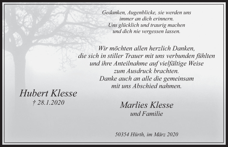 Traueranzeige für Hubert Klesse vom 11.03.2020 aus  Wochenende 