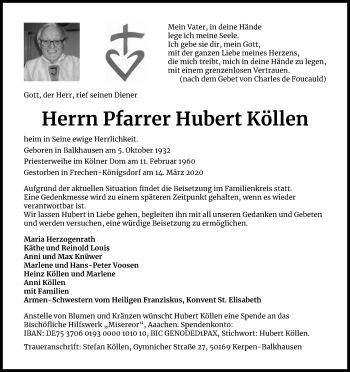 Anzeige von Hubert Köllen von Kölner Stadt-Anzeiger / Kölnische Rundschau / Express
