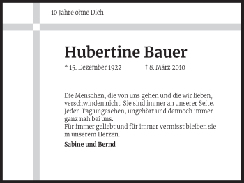 Anzeige von Hubertine Bauer von Kölner Stadt-Anzeiger / Kölnische Rundschau / Express