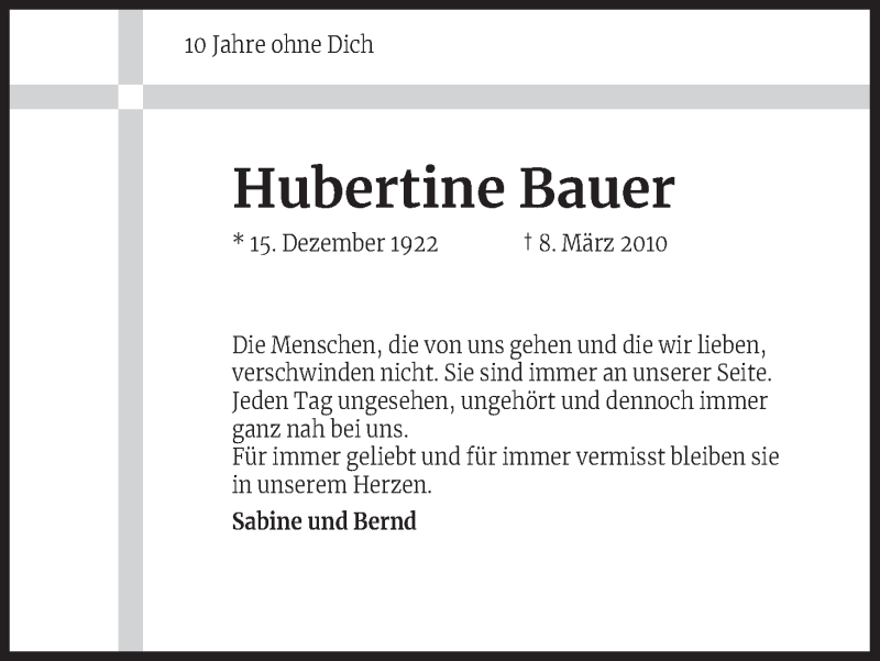  Traueranzeige für Hubertine Bauer vom 09.03.2020 aus Kölner Stadt-Anzeiger / Kölnische Rundschau / Express