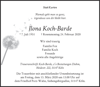 Anzeige von Ilona Koch-Barde von  Kölner Wochenspiegel 