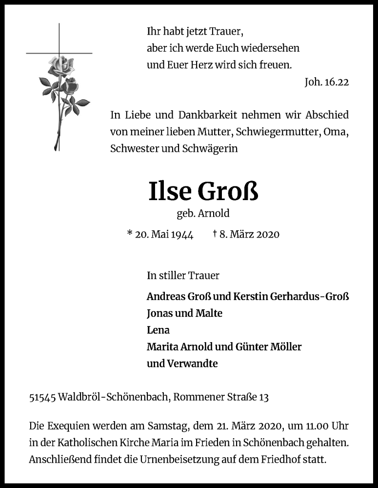  Traueranzeige für Ilse Groß vom 16.03.2020 aus Zeitungsgruppe Köln