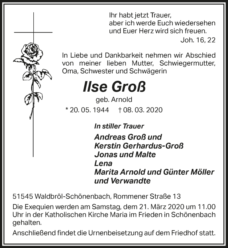  Traueranzeige für Ilse Groß vom 18.03.2020 aus  Lokalanzeiger 