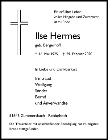 Anzeige von Ilse Hermes von Zeitungsgruppe Köln