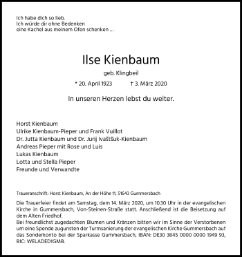 Anzeige von Ilse Kienbaum von Kölner Stadt-Anzeiger / Kölnische Rundschau / Express