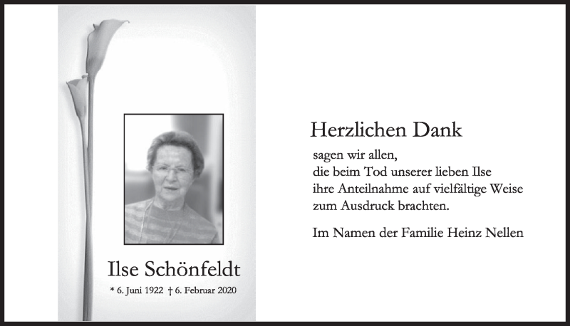  Traueranzeige für Ilse Schönfeldt vom 14.03.2020 aus  Sonntags-Post 