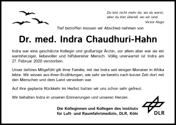 Anzeige von Indra Chaudhuri-Hahn von Kölner Stadt-Anzeiger / Kölnische Rundschau / Express