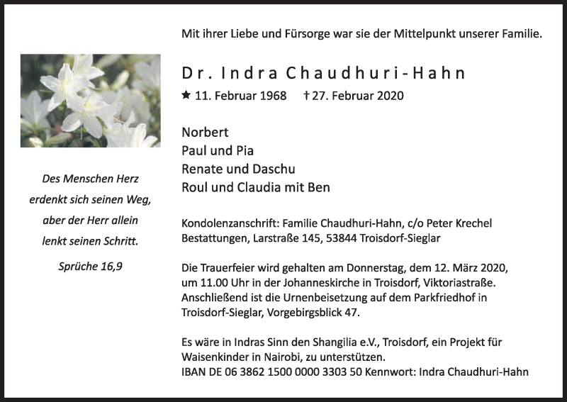  Traueranzeige für Indra Chaudhuri-Hahn vom 07.03.2020 aus Kölner Stadt-Anzeiger / Kölnische Rundschau / Express