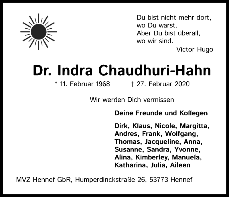  Traueranzeige für Indra Chaudhuri-Hahn vom 07.03.2020 aus Kölner Stadt-Anzeiger / Kölnische Rundschau / Express