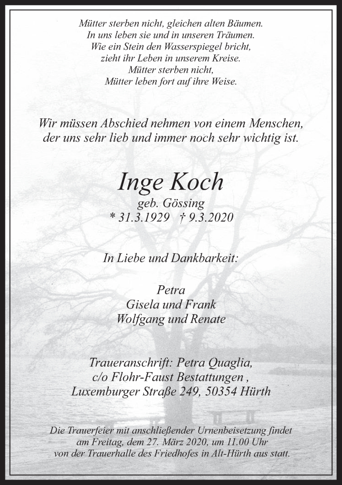  Traueranzeige für Inge Koch vom 21.03.2020 aus  Sonntags-Post 