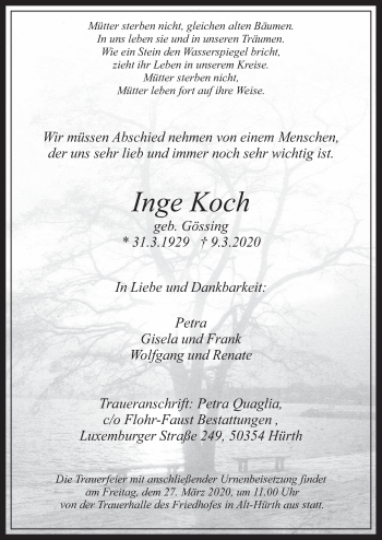 Anzeige von Inge Koch von  Sonntags-Post 