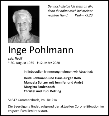 Anzeige von Inge Pohlmann von Zeitungsgruppe Köln