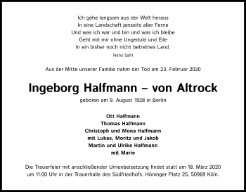 Anzeige von Ingeborg Halfmann - von Altrock von Kölner Stadt-Anzeiger / Kölnische Rundschau / Express