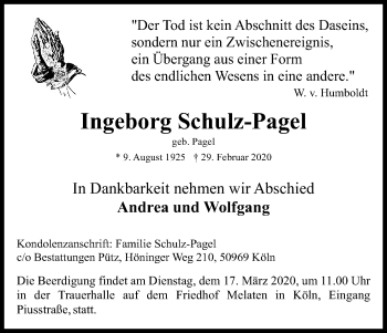 Anzeige von Ingeborg Schulz-Pagel von Zeitungsgruppe Köln