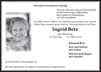 Anzeige von Ingrid Betz von  Wochenende 