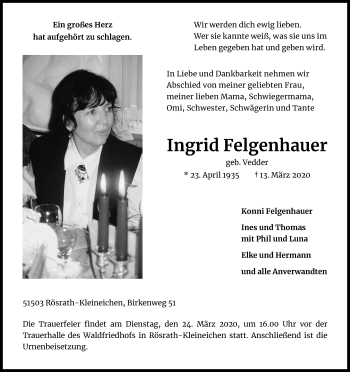 Anzeige von Ingrid Felgenhauer von Kölner Stadt-Anzeiger / Kölnische Rundschau / Express
