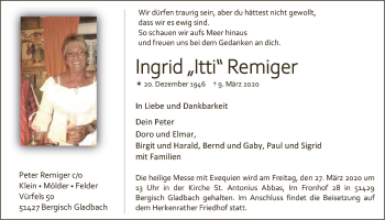 Anzeige von Ingrid Remiger von  Bergisches Handelsblatt 
