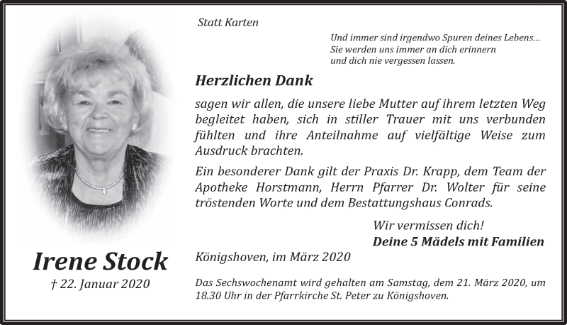  Traueranzeige für Irene Stock vom 11.03.2020 aus  Werbepost 