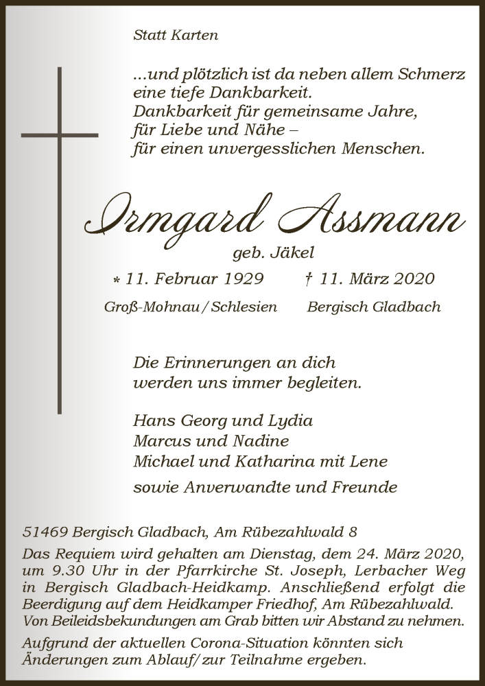  Traueranzeige für Irmgard Assmann vom 18.03.2020 aus  Bergisches Handelsblatt 