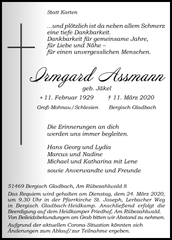 Anzeige von Irmgard Assmann von Zeitungsgruppe Köln