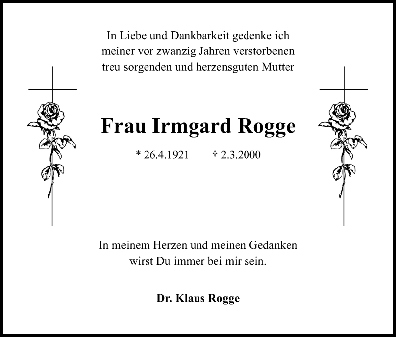  Traueranzeige für Irmgard Rogge vom 02.03.2020 aus Kölner Stadt-Anzeiger / Kölnische Rundschau / Express