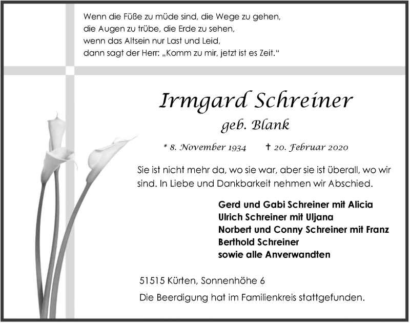  Traueranzeige für Irmgard Schreiner vom 04.03.2020 aus  Bergisches Handelsblatt 