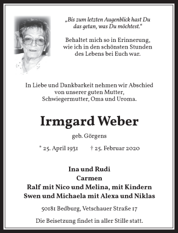 Anzeige von Irmgard Weber von  Werbepost 