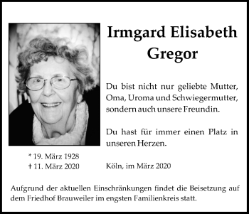 Anzeige von Irmgard Elisabeth Gregor von Kölner Stadt-Anzeiger / Kölnische Rundschau / Express