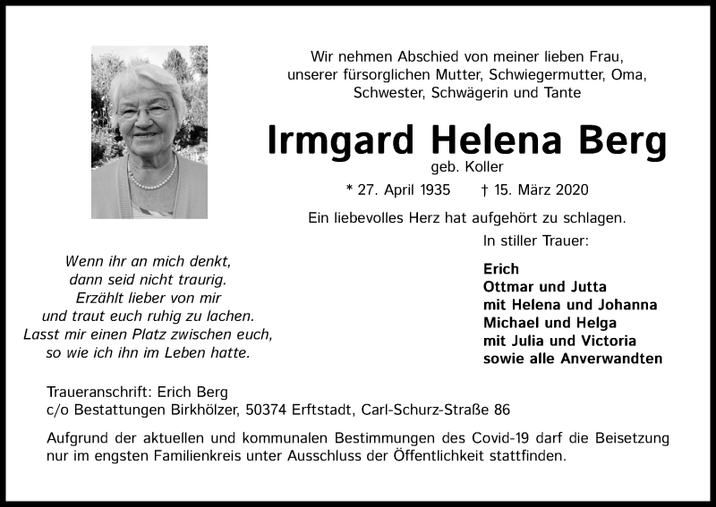  Traueranzeige für Irmgard Helena Berg vom 21.03.2020 aus Kölner Stadt-Anzeiger / Kölnische Rundschau / Express