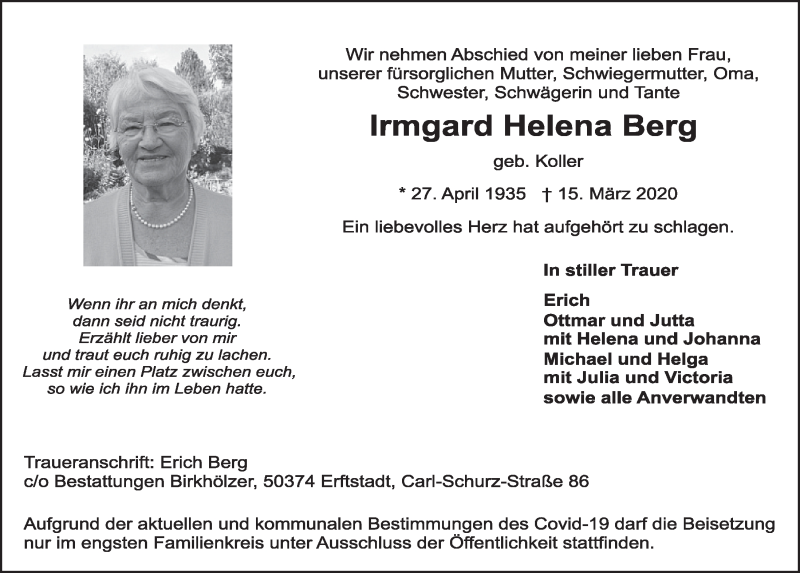  Traueranzeige für Irmgard Helena Berg vom 21.03.2020 aus  Sonntags-Post 