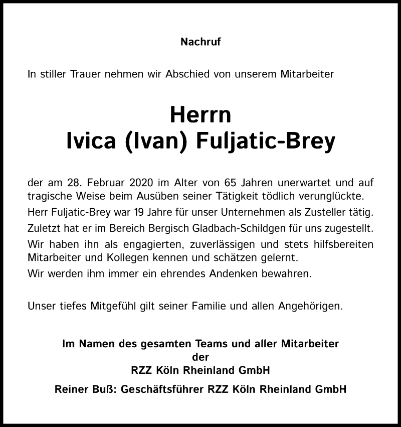  Traueranzeige für Ivica  Fuljatic-Brey vom 25.03.2020 aus Kölner Stadt-Anzeiger / Kölnische Rundschau / Express