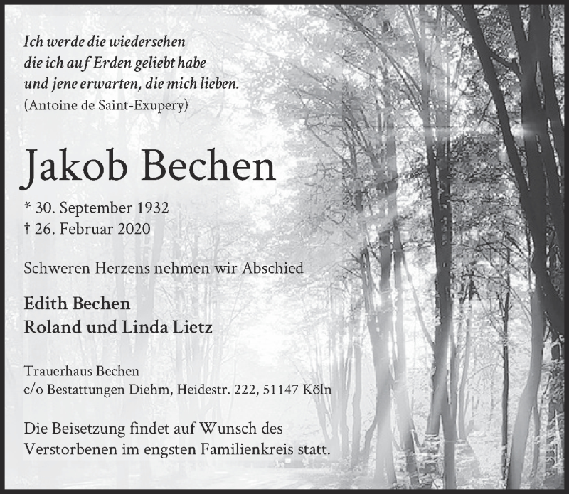  Traueranzeige für Jakob Bechen vom 11.03.2020 aus  Bergisches Handelsblatt 