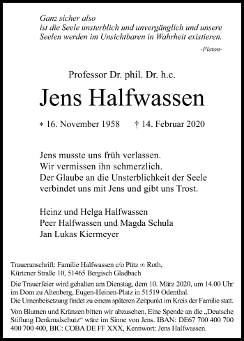 Anzeige von Jens Halfwassen von Kölner Stadt-Anzeiger / Kölnische Rundschau / Express