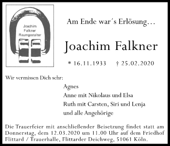 Anzeige von Joachim Falkner von Kölner Stadt-Anzeiger / Kölnische Rundschau / Express